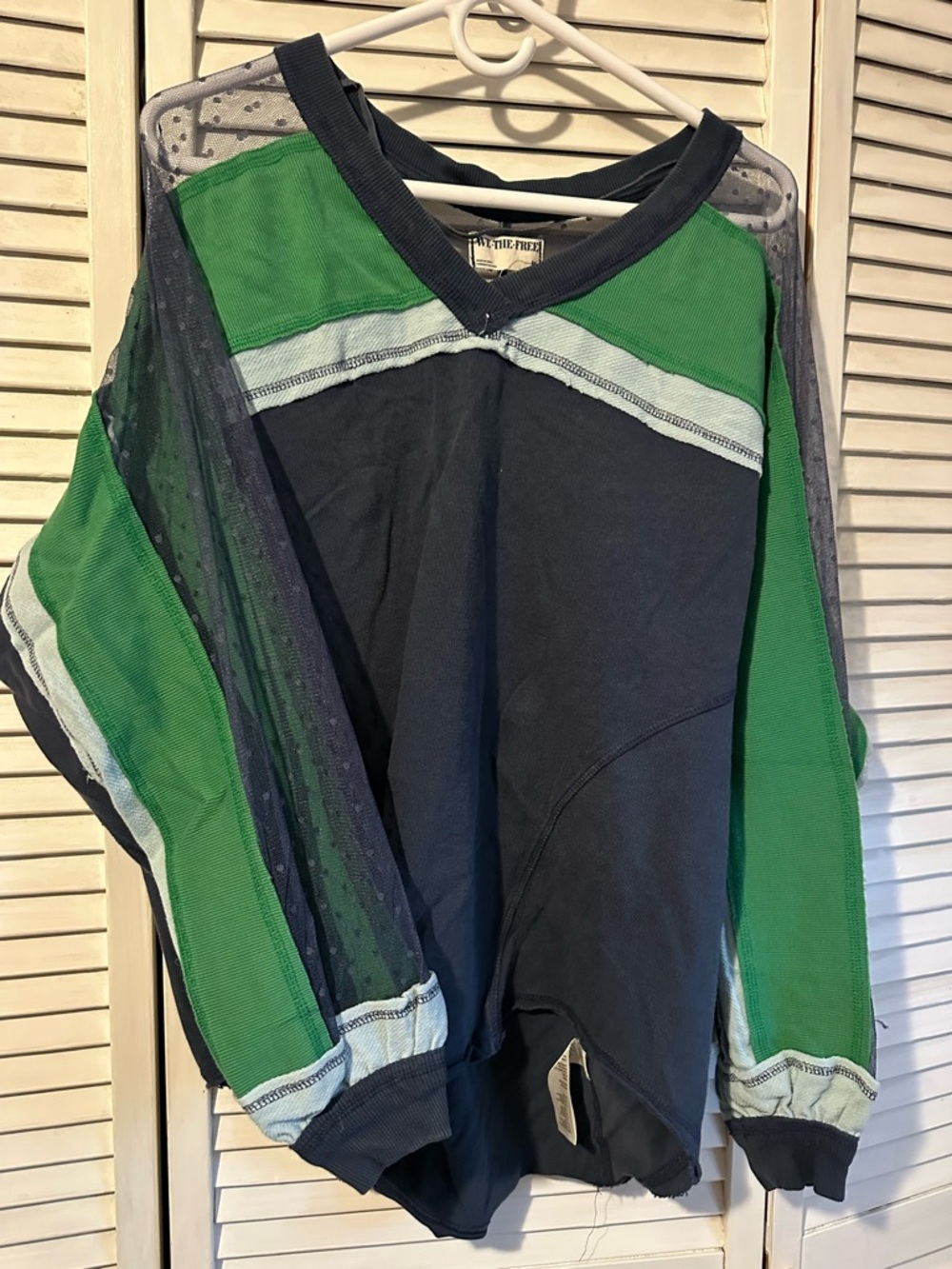 Free People Green & Navy Patchwork V-Neck Sweatshirt